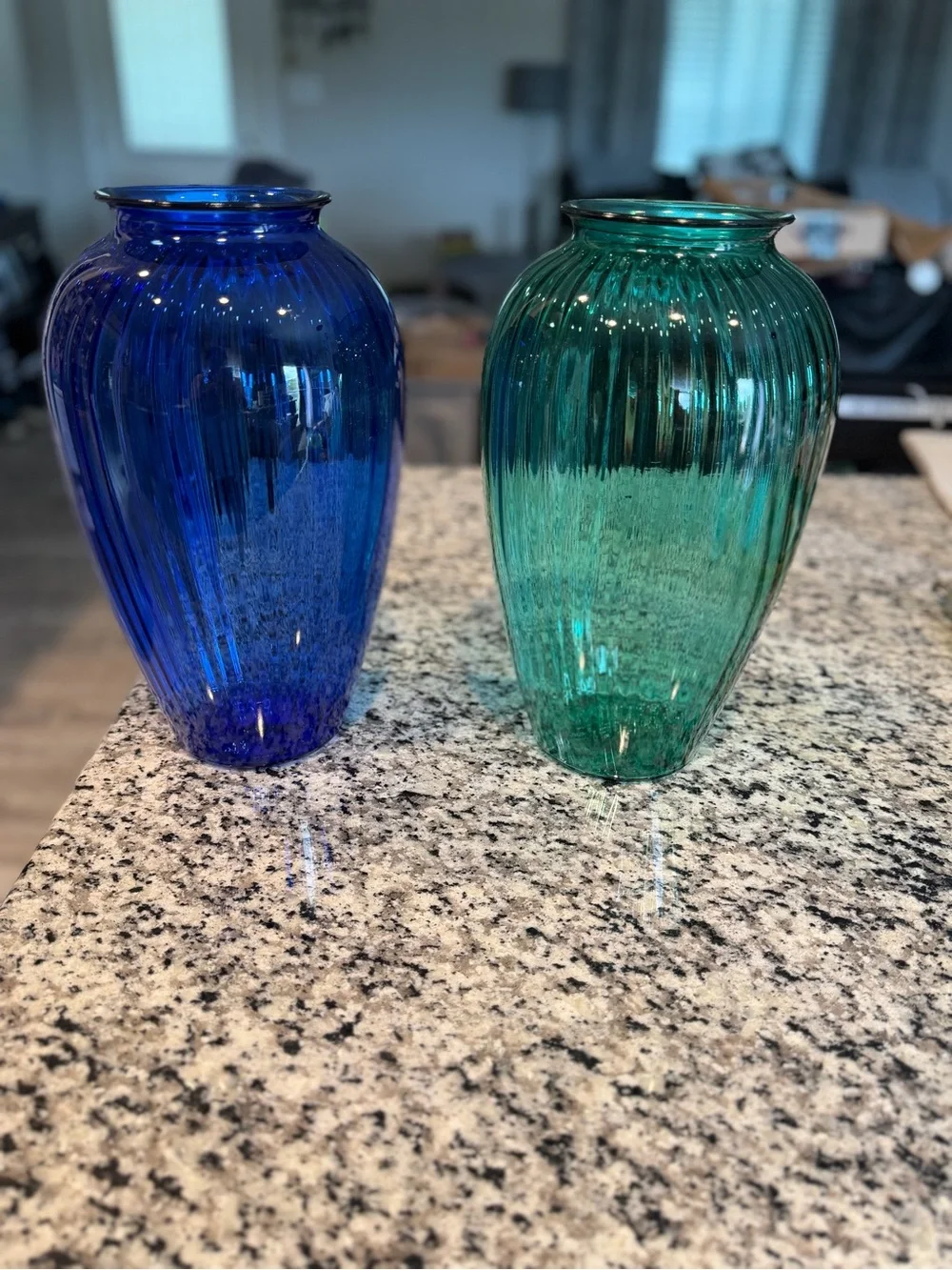 Blue and Teal Ribbed Glass Vases - Anchor Hocking
